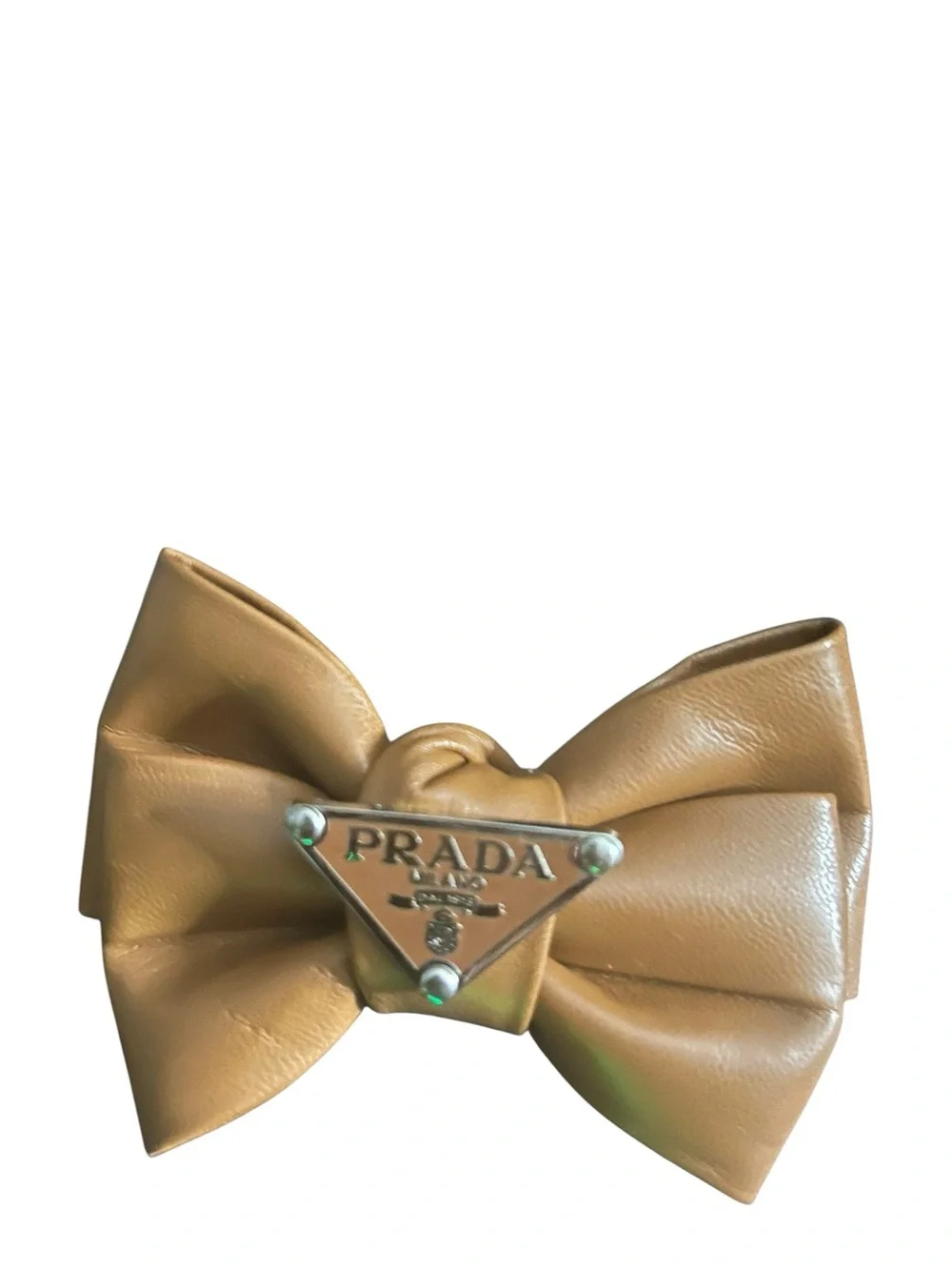 Tan Leather Bow Hair Clip with Logo Plaque